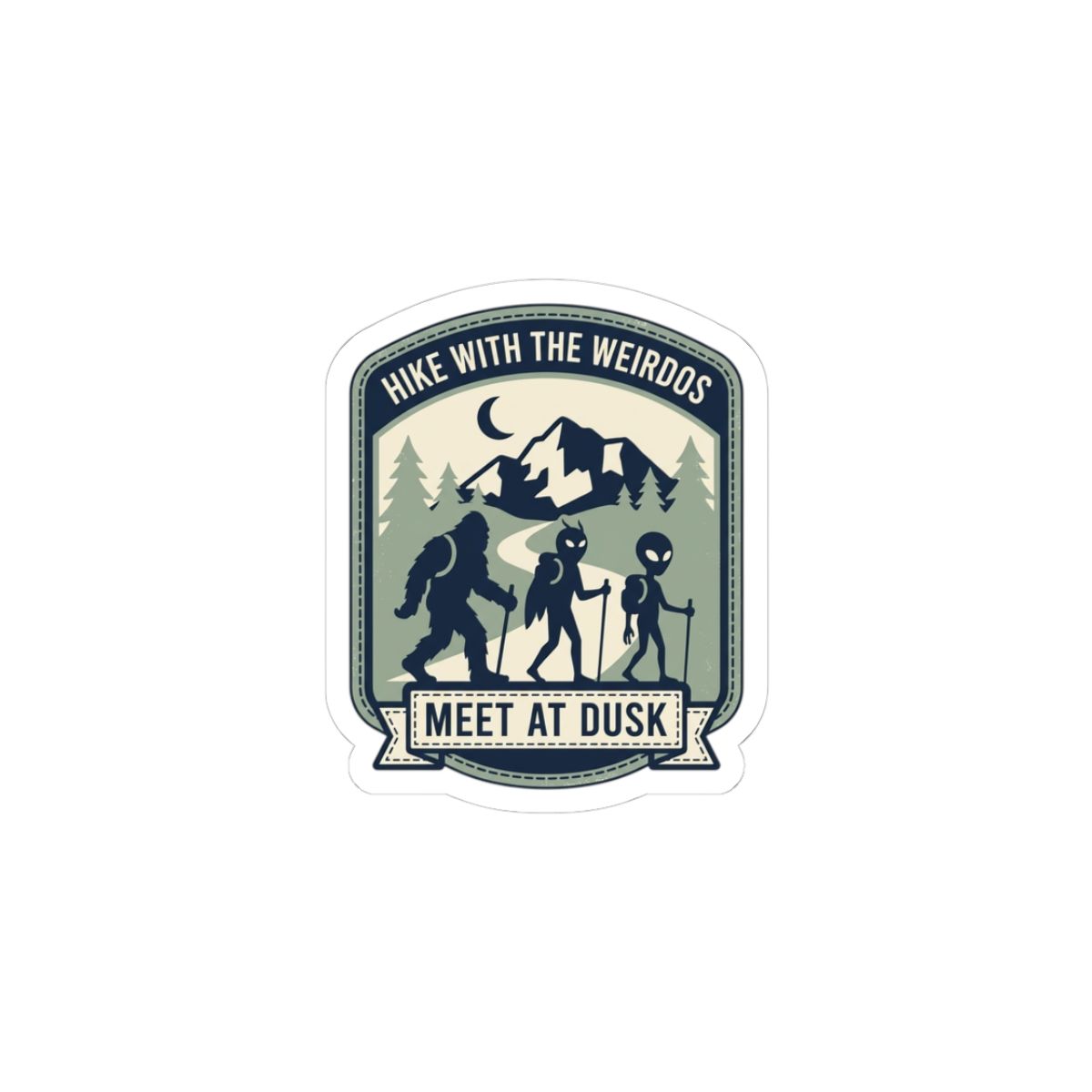 Cryptid Hiking Sticker, Weirdos Meet at Dusk, Mountain Decal