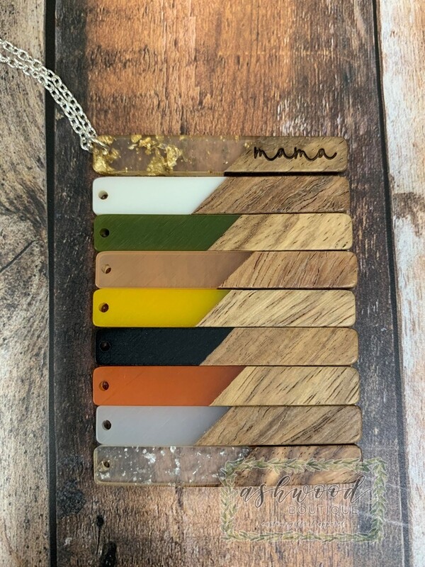 Engraved Wood and Resin Personalized Pendant Necklace