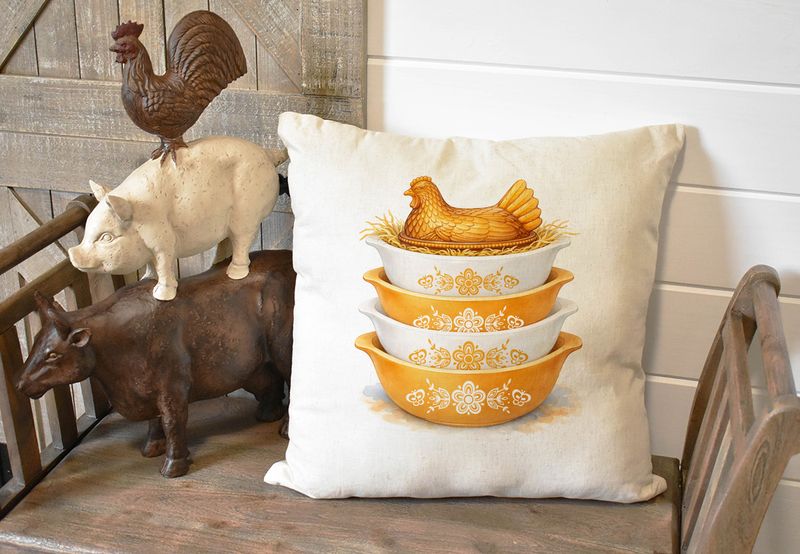Hen on a Nest Vintage Pyrex Linen Pillow Cover