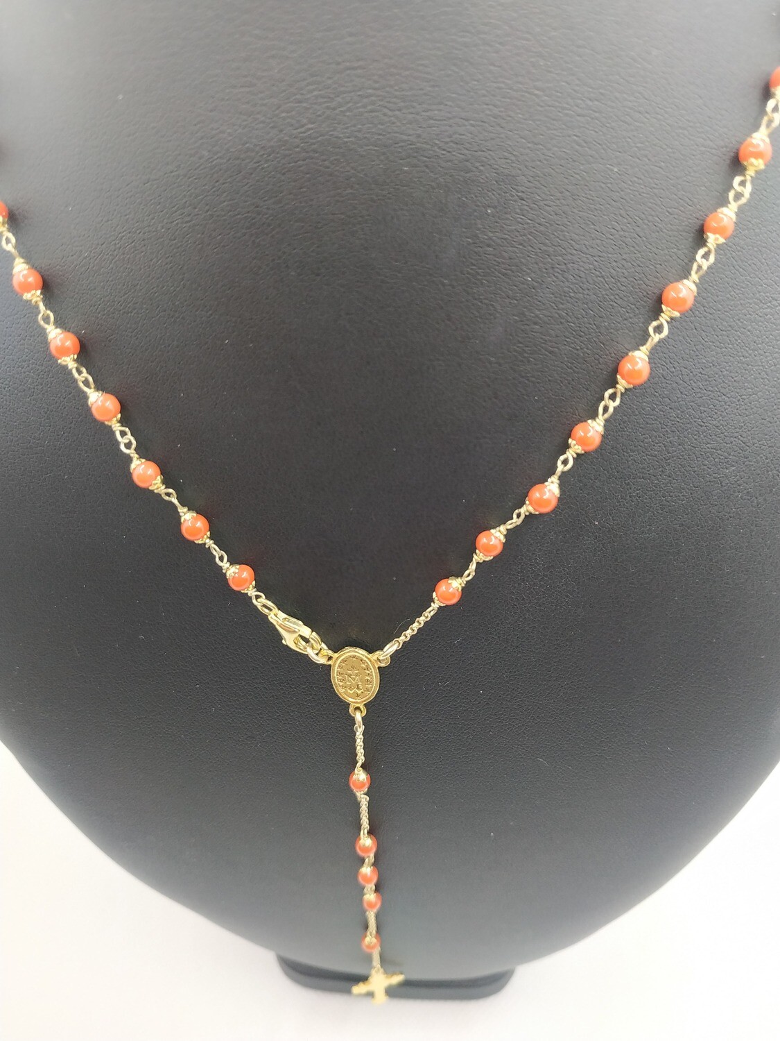Rosario in Argento 925 placcato in oro giallo con pallini in Corallo Rosso del Mediterraneo.