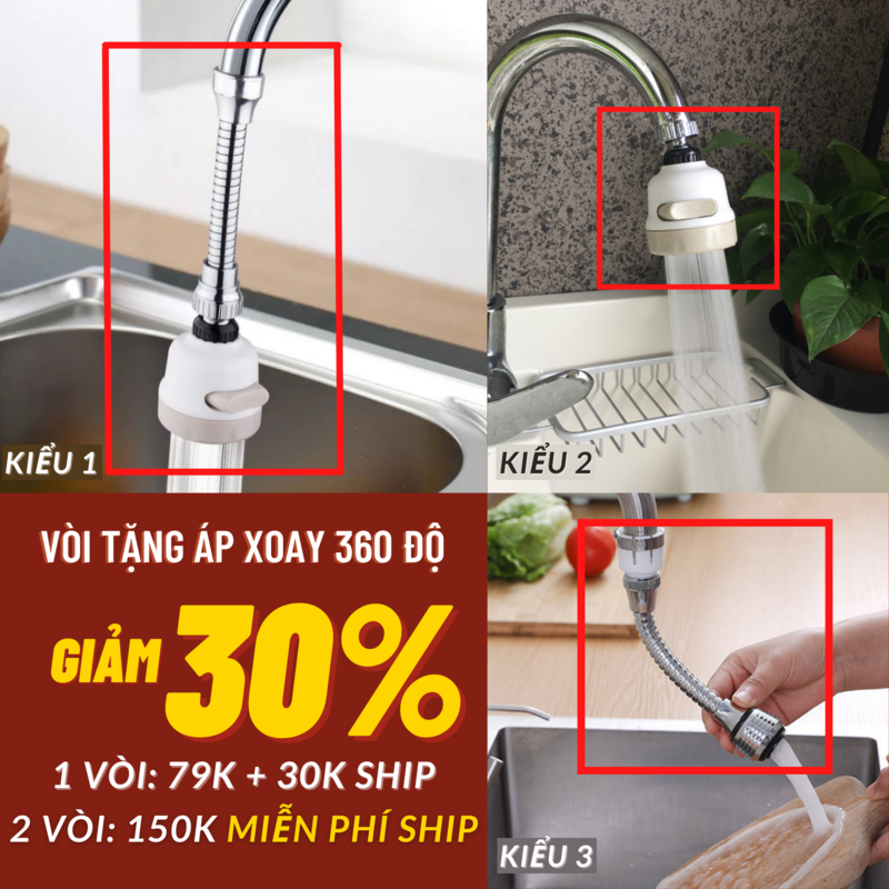 Bộ đầu vòi tăng áp xoay 360 độ