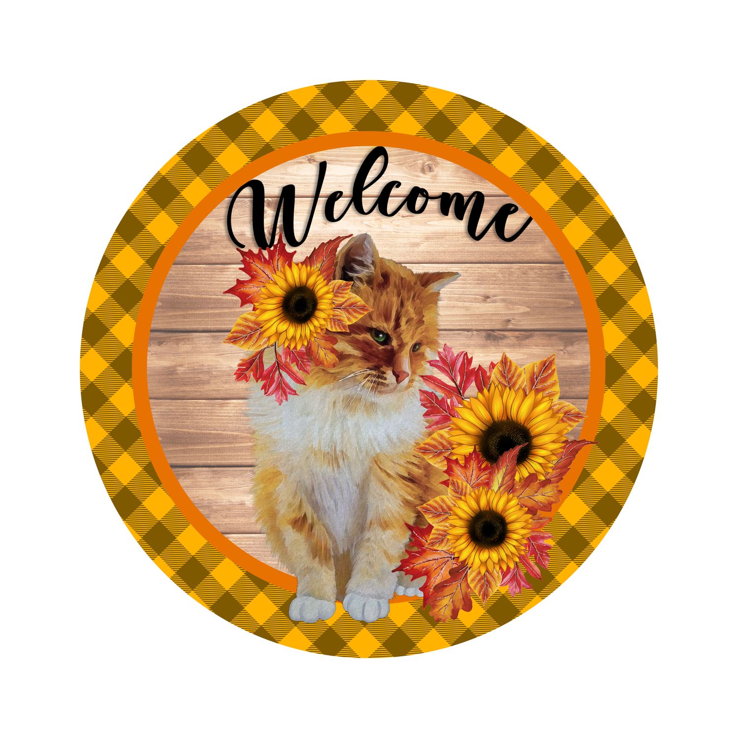 Cat with Sunflowers Welcome Round Metal Sign