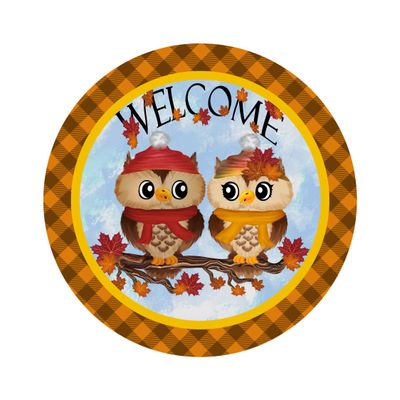 Owl Couple Welcome Round Metal Sign