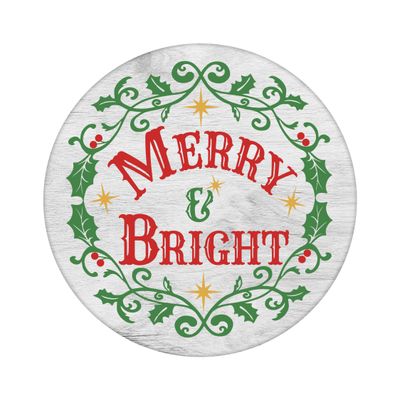 Merry &amp; Bright Christmas Round Metal Sign