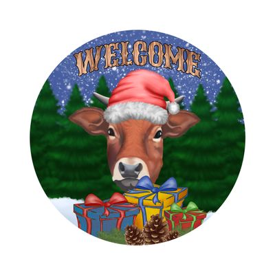 Christmas Cow Round Metal Sign