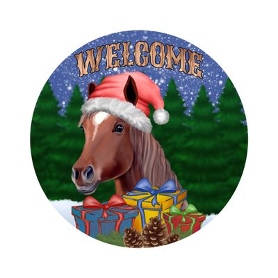 Christmas Horse Round Metal Sign