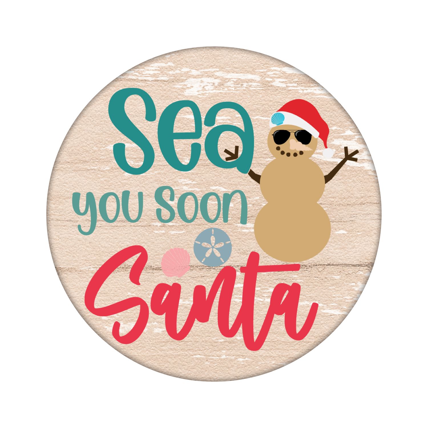 Sea you Soon Beach Christmas Round Metal Sign