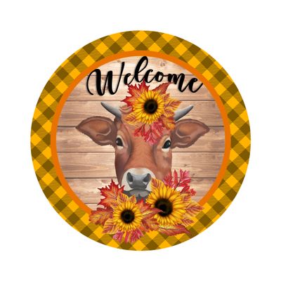 Cow with Sunflowers Welcome Round Metal Sign