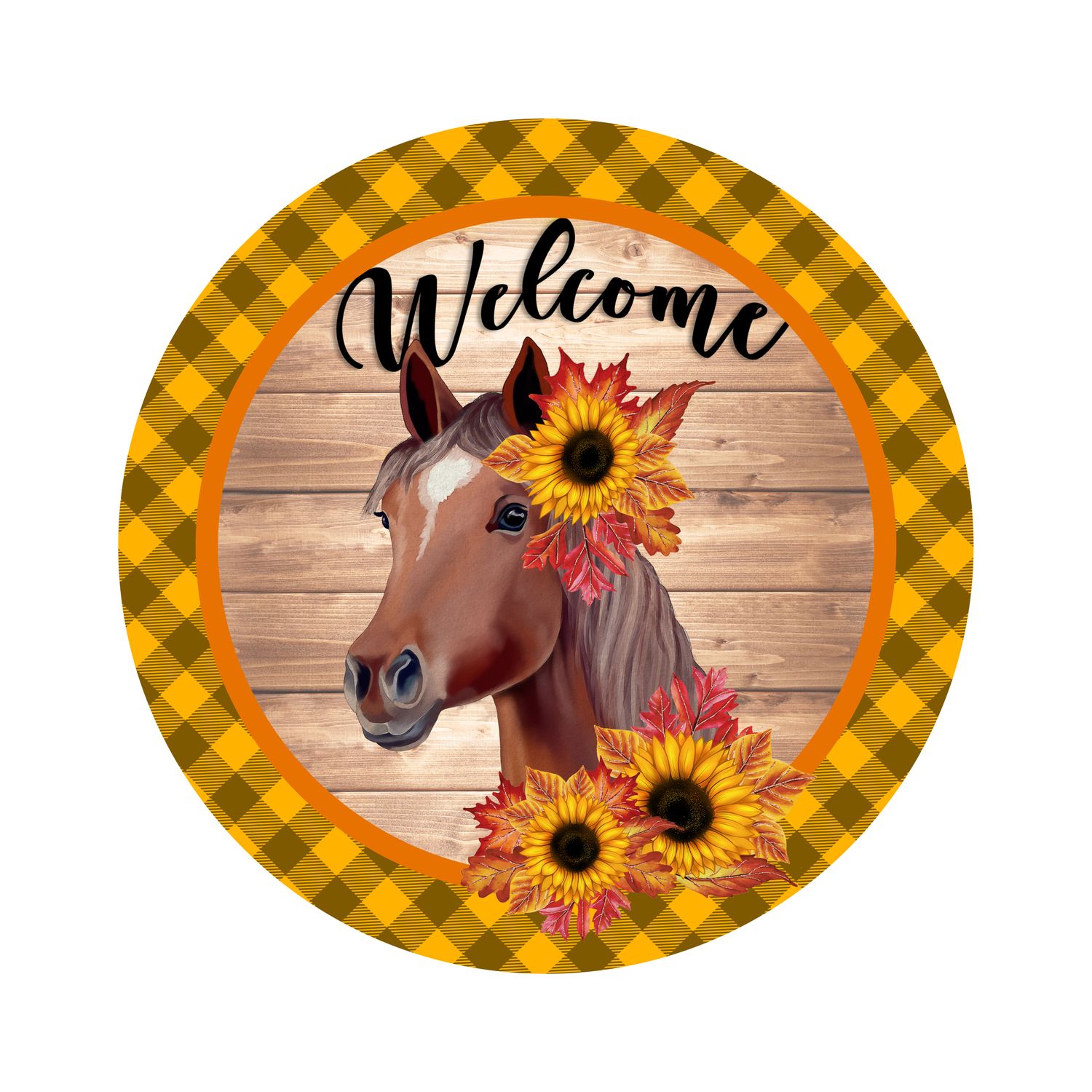 Horse with Sunflowers Welcome Round Metal Sign