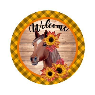 Horse with Sunflowers Welcome Round Metal Sign