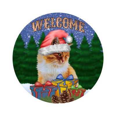 Christmas Cat Round Metal Sign