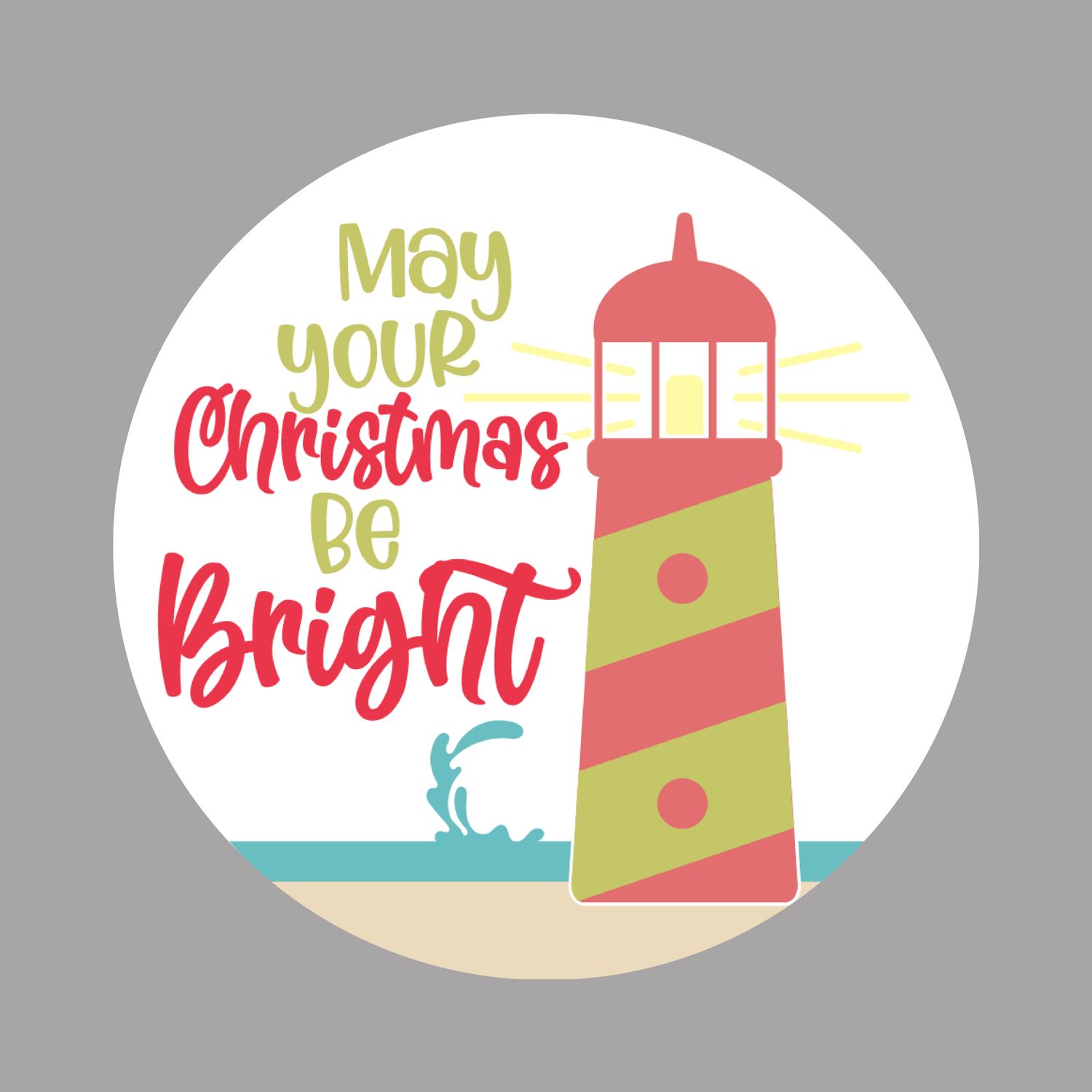Lighthouse Beach Christmas Round Metal Sign