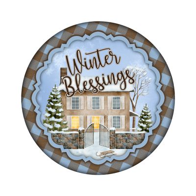 Winter Blessings Christmas Round Metal Sign