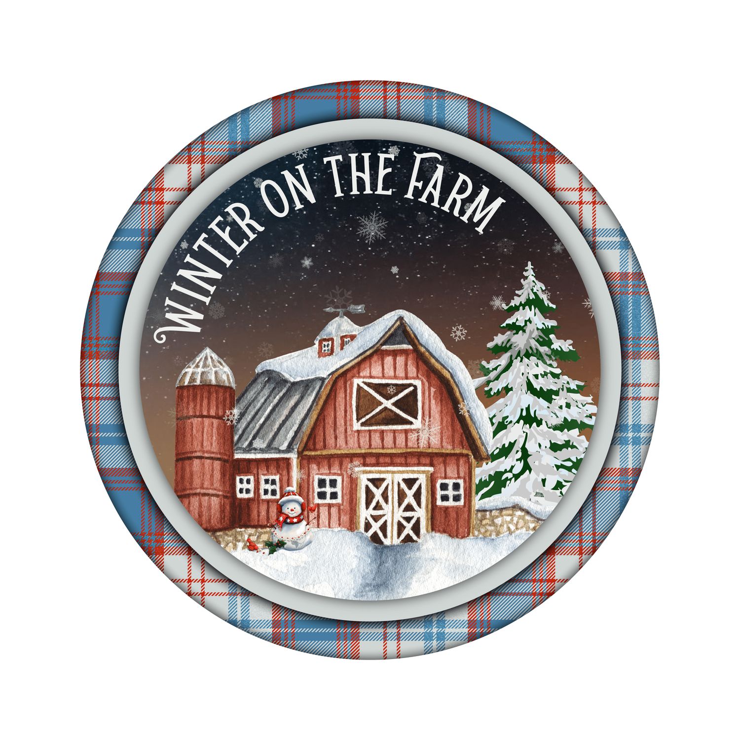 Winter on the Farm Christmas Round Metal Sign