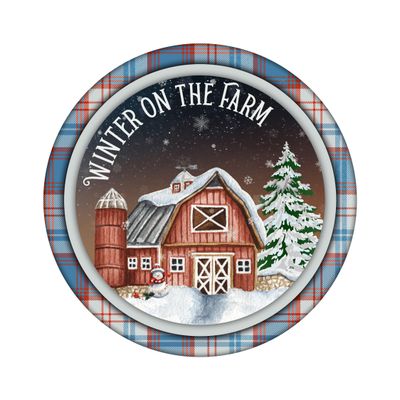Winter on the Farm Christmas Round Metal Sign