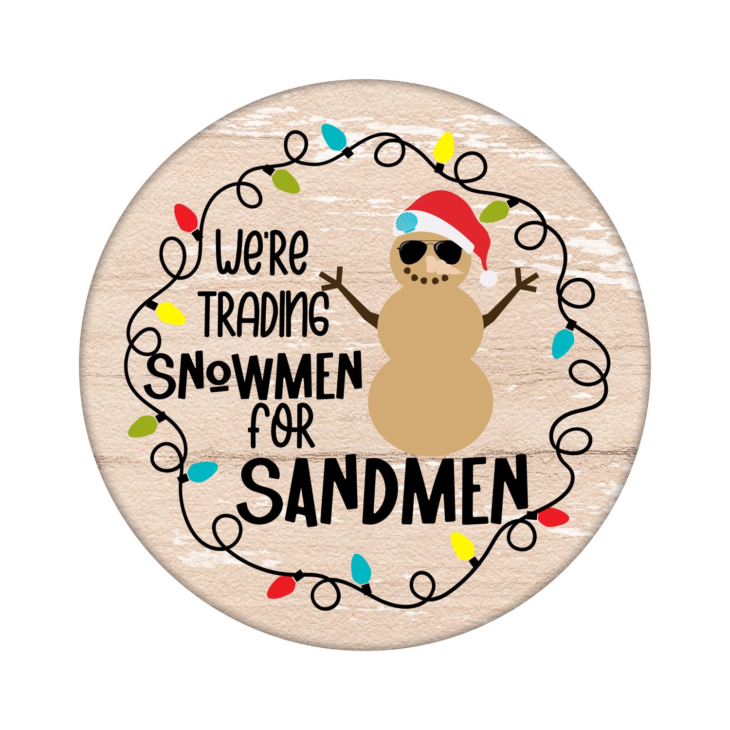 Snowmen for Sandmen Beach Christmas Round Metal Sign
