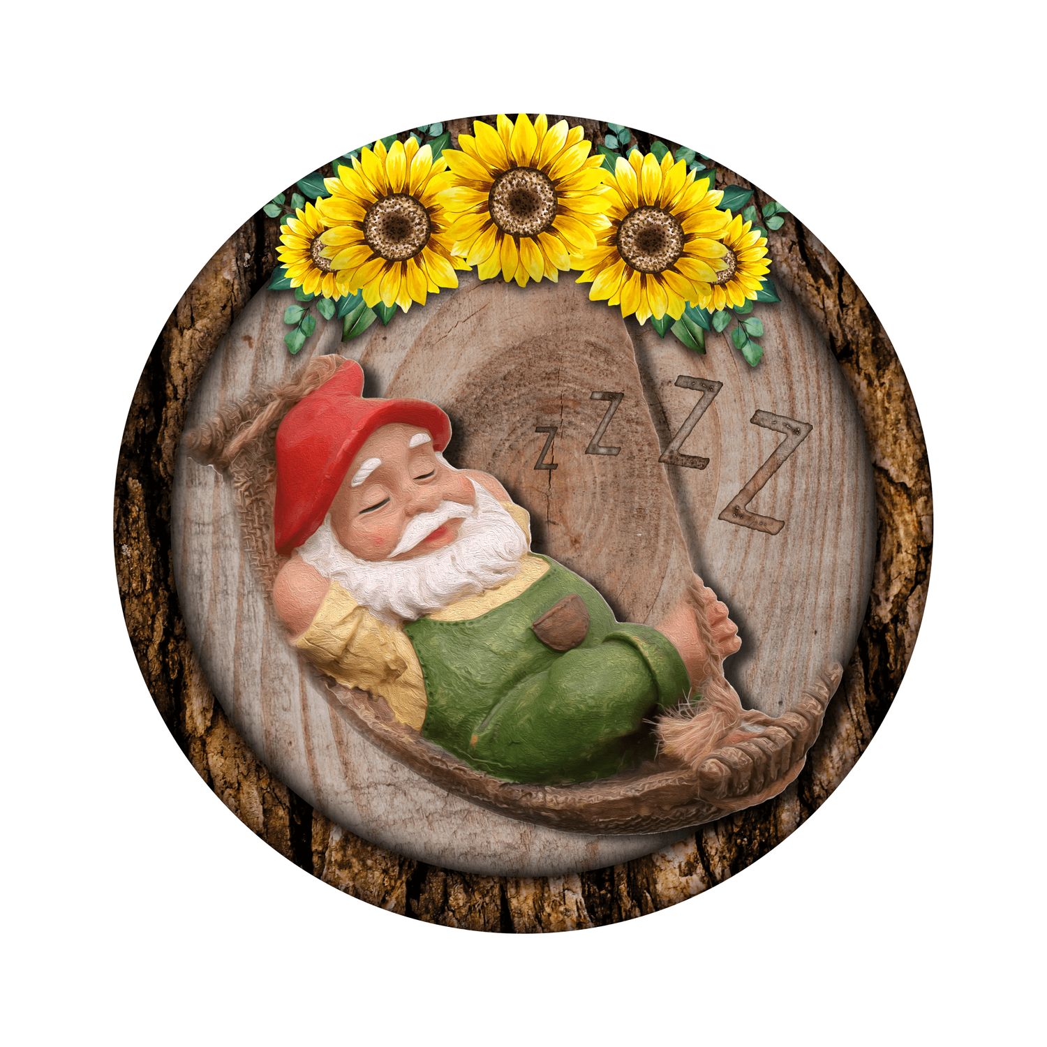 Sleeping Gnome with Sunflowers Everyday Round Metal Sign