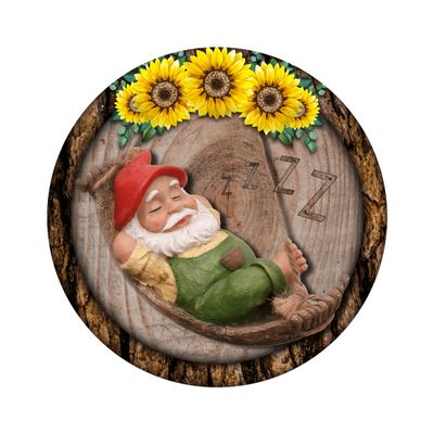 Sleeping Gnome with Sunflowers Everyday Round Metal Sign