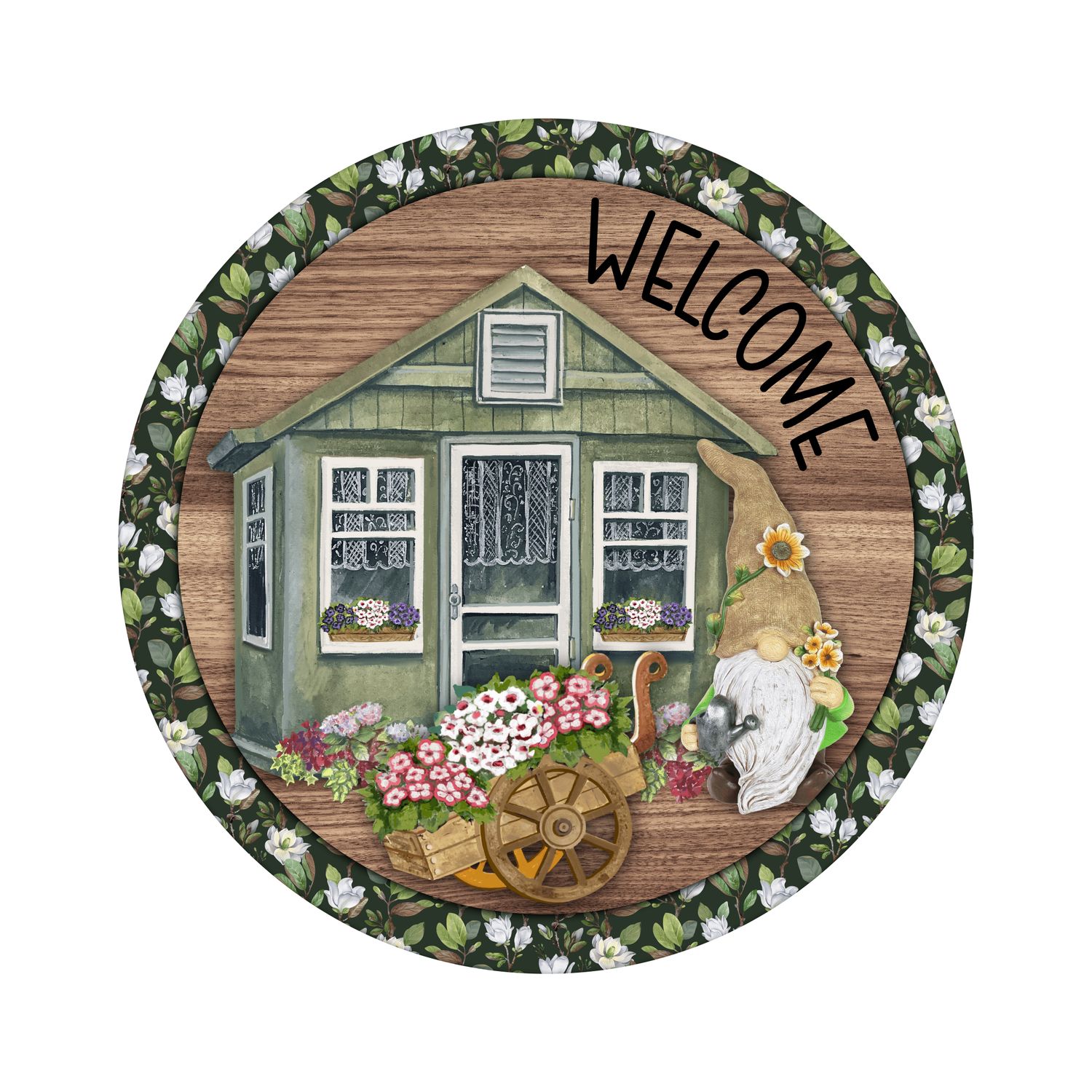 Welcome Gardening Gnome Everyday Round Metal Sign