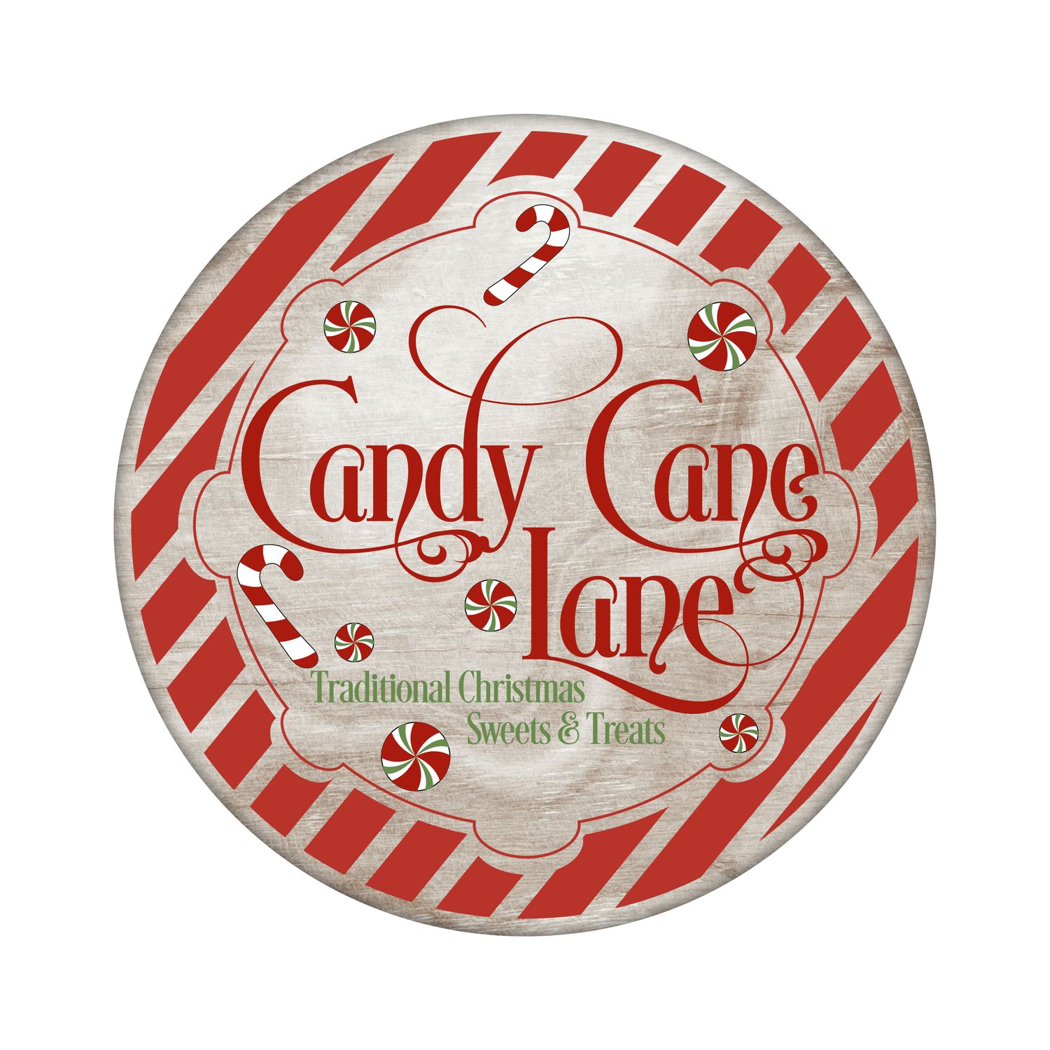 Candy Cane Lane Christmas Round Metal Sign