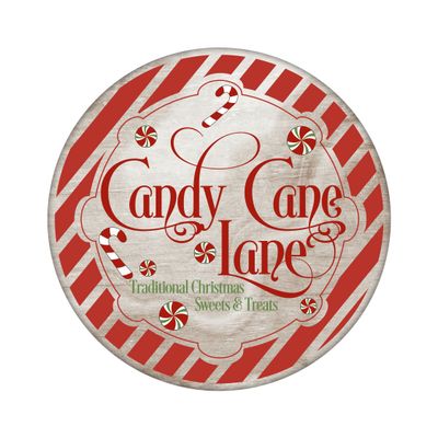 Candy Cane Lane Christmas Round Metal Sign