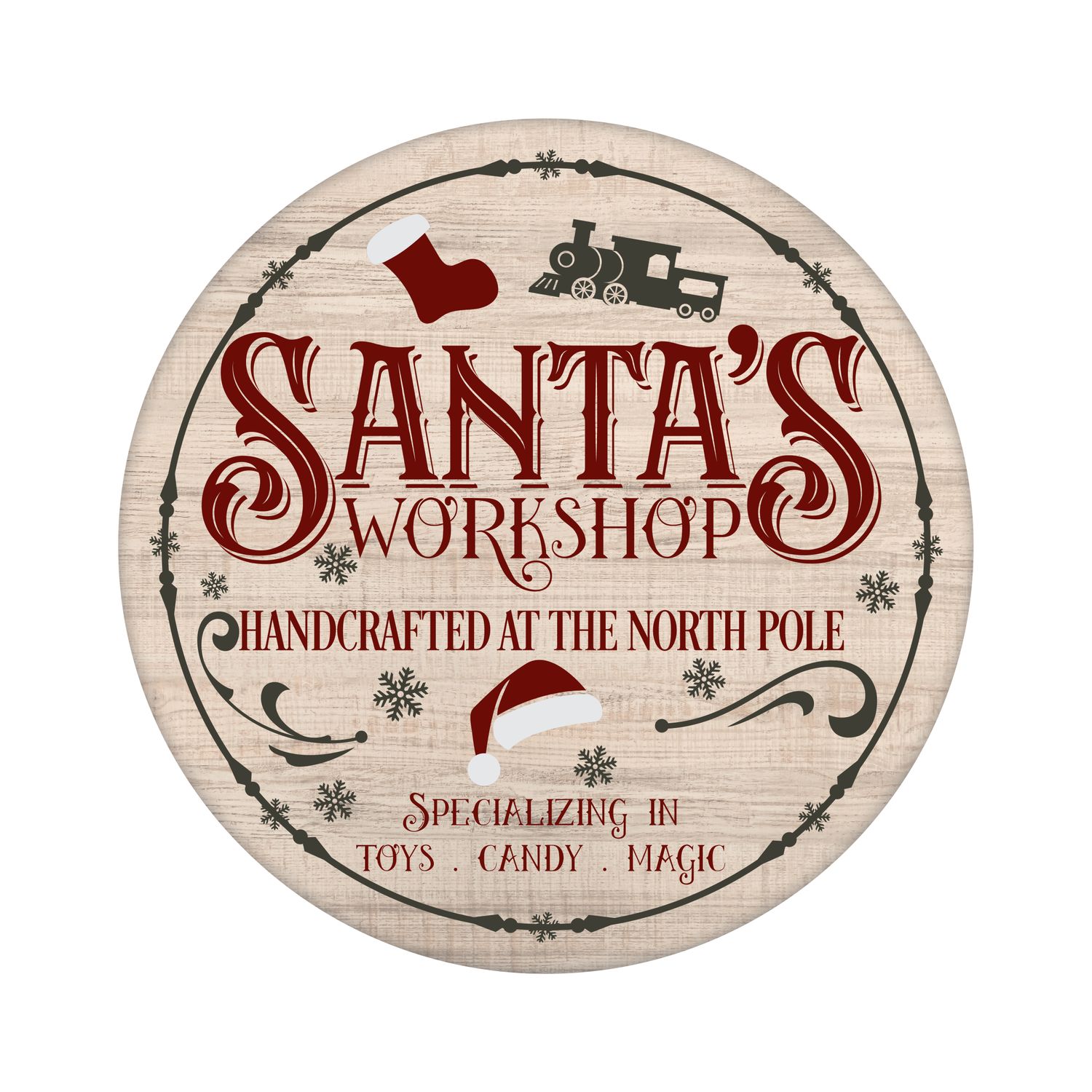 Santa&#39;s Workshop North Pole Christmas Round Metal Sign