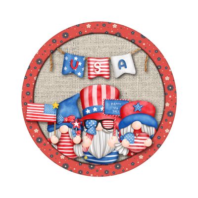 USA Gnomes 4th of July Patriotic Independence Day Round Metal Sign