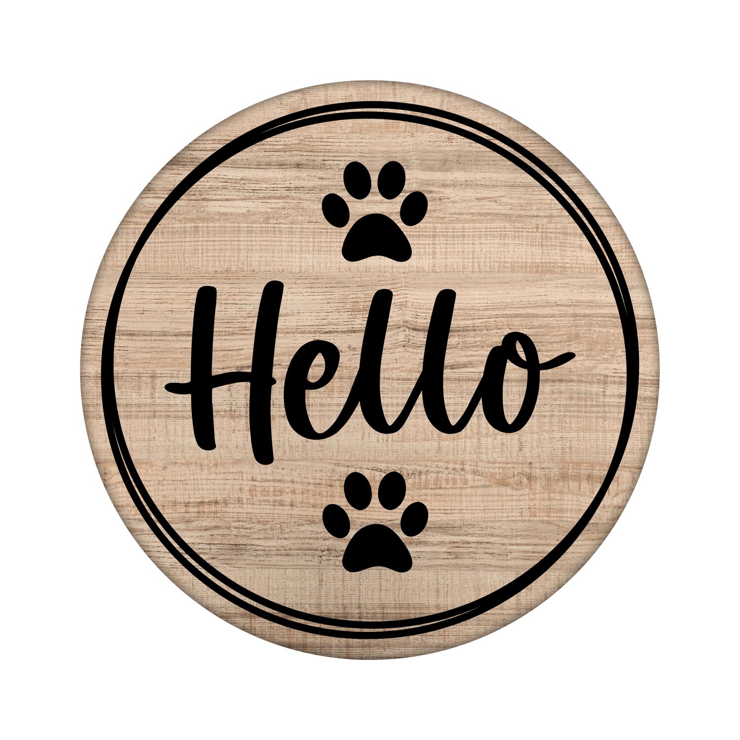 Hello Paw Prints Round Metal Sign