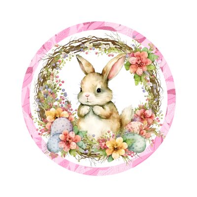 Cute Floral Easter Bunny Round Metal Sign