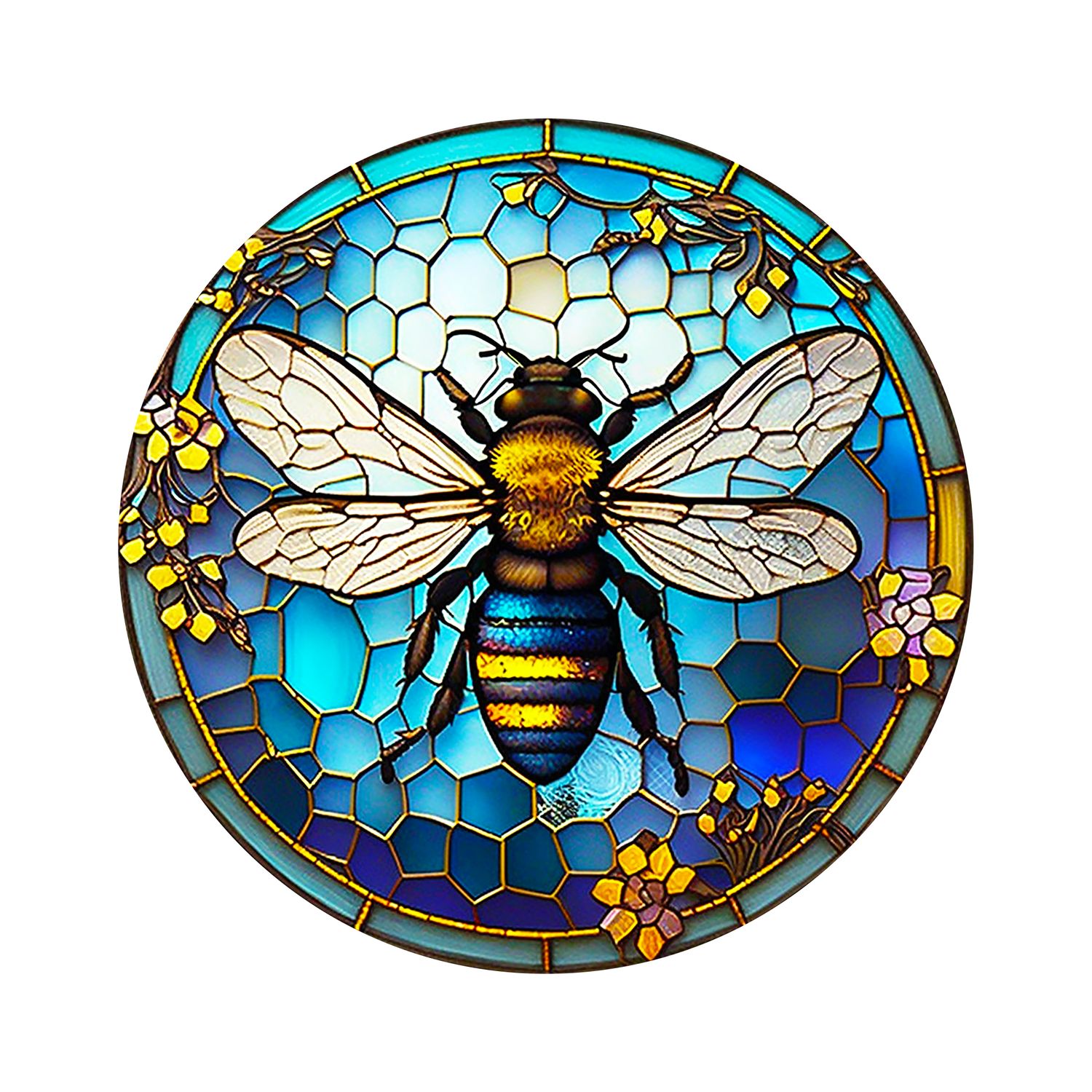 Faux Stained Glass Honey Bee design Round Metal Sign
