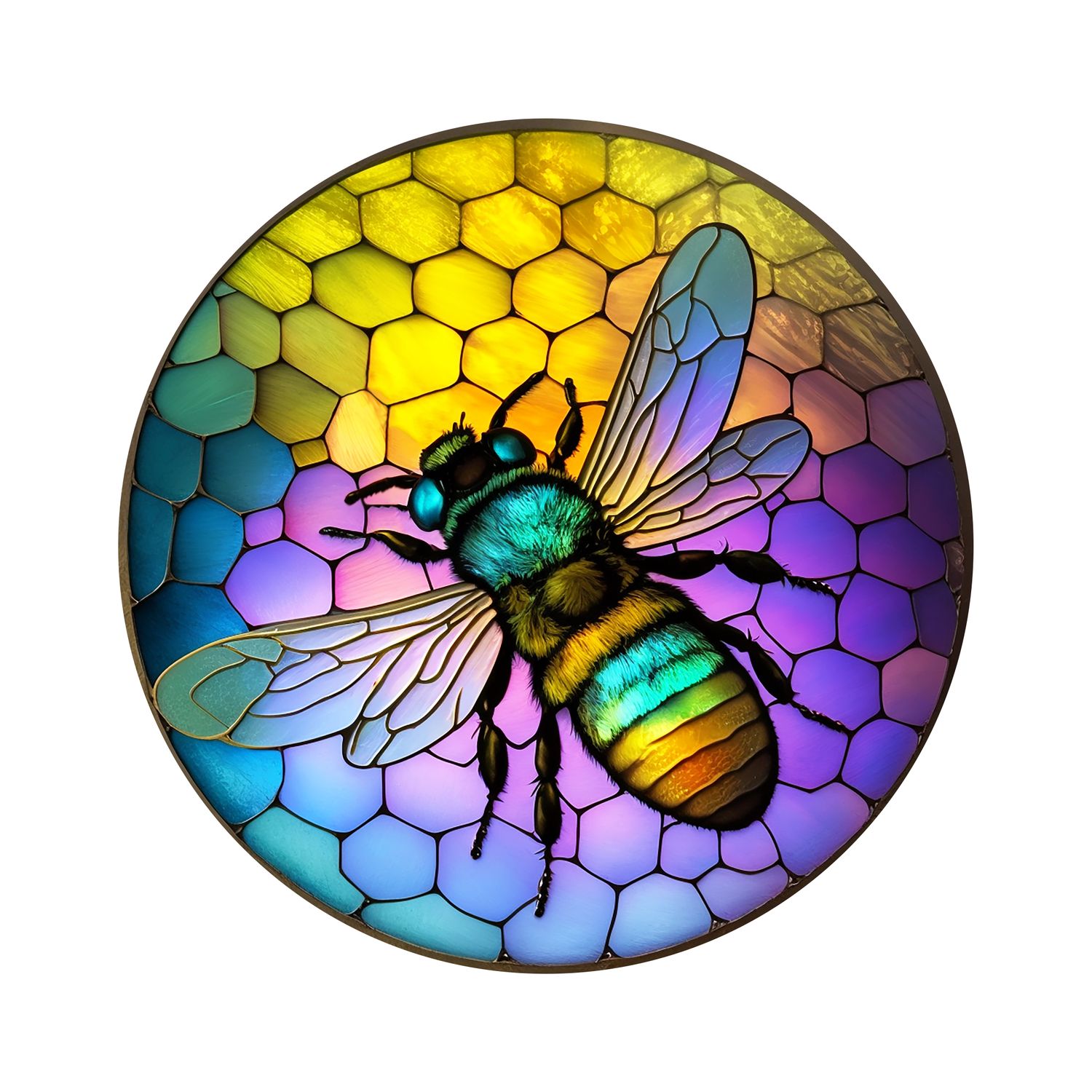 Faux Stained Glass Honey Bee design Round Metal Sign