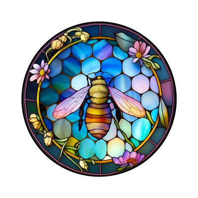 Faux Stained Glass Honey Bee design Round Metal Sign