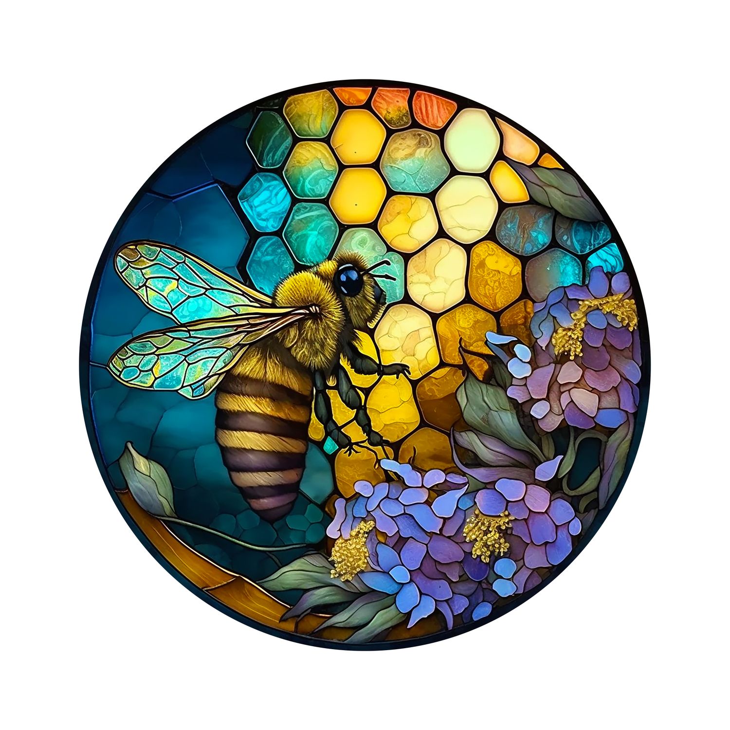Faux Stained Glass Honey Bee design Round Metal Sign