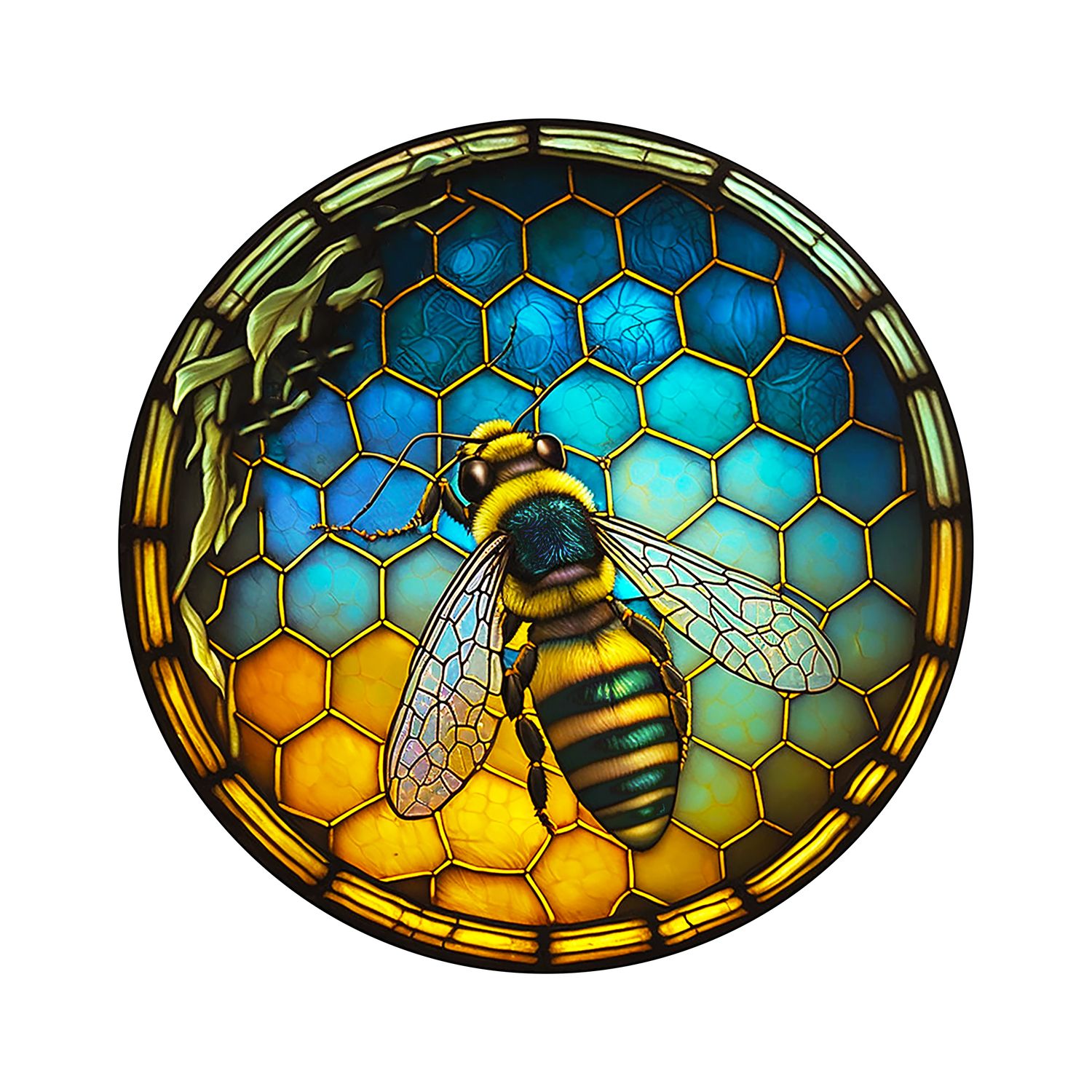 Faux Stained Glass Honey Bee design Round Metal Sign