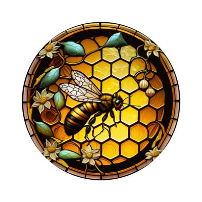 Faux Stained Glass Honey Bee design Round Metal Sign