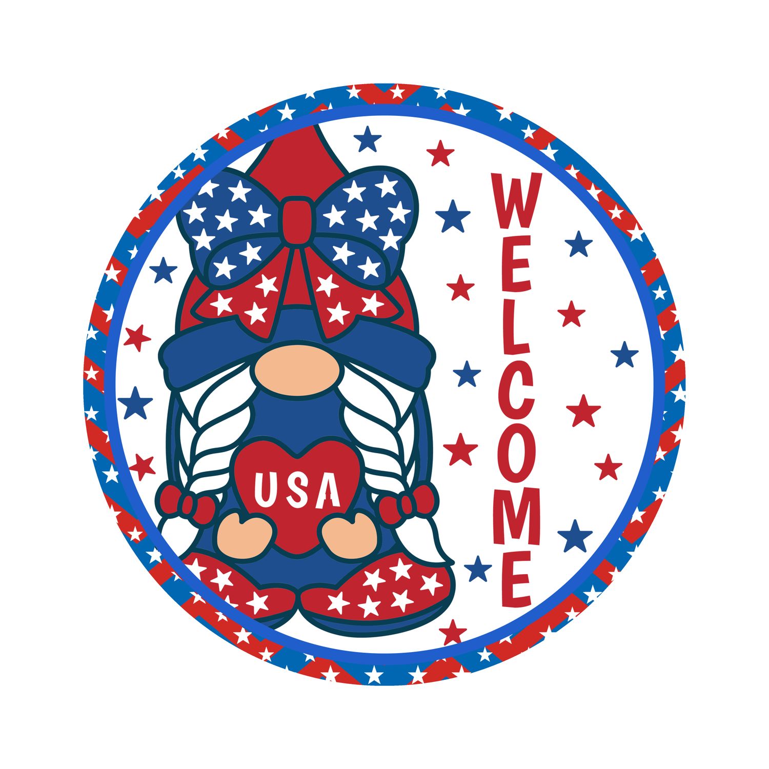 Welcome Patriotic Gnome Red White &amp; Blue 4th of July Independence Day Round Metal Sign