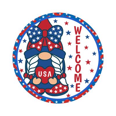 Welcome Patriotic Gnome Red White &amp; Blue 4th of July Independence Day Round Metal Sign