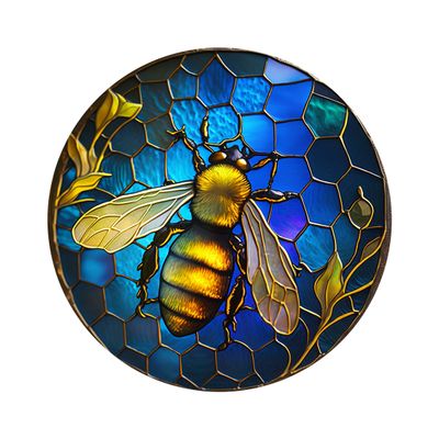 Faux Stained Glass Honey Bee design Round Metal Sign