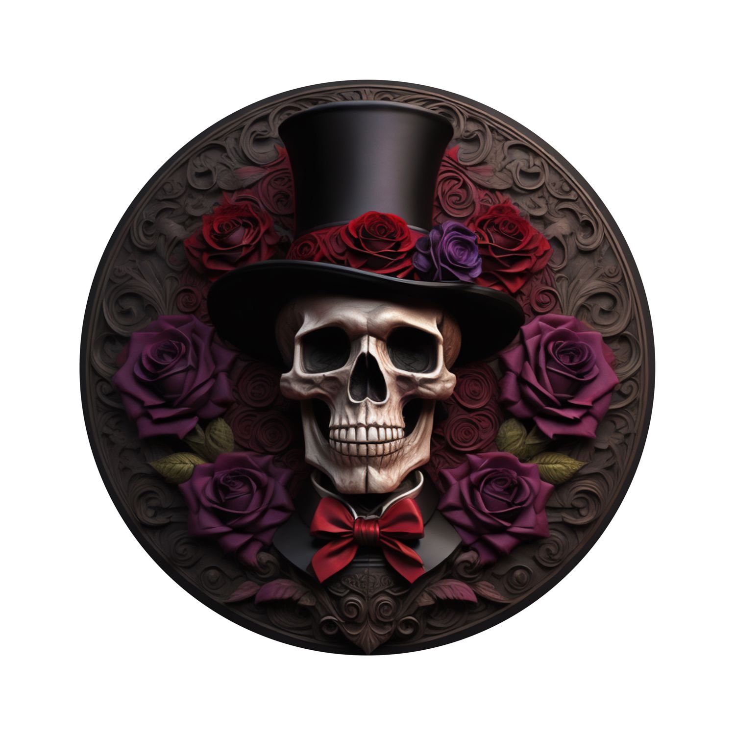 Fancy Skeleton with red roses Halloween Round Metal Sign