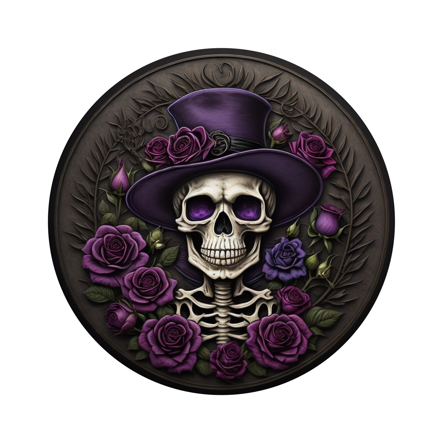 Fancy Skeleton with purple roses Halloween Round Metal Sign