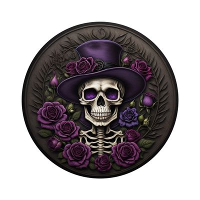 Fancy Skeleton with purple roses Halloween Round Metal Sign