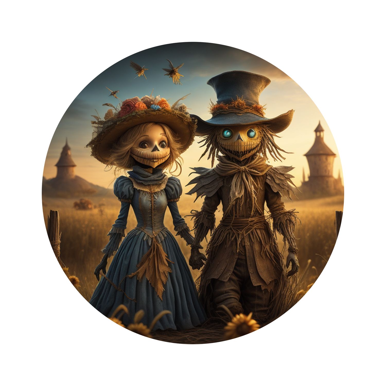 Creepy Scarecrow couple Halloween Round Metal Sign