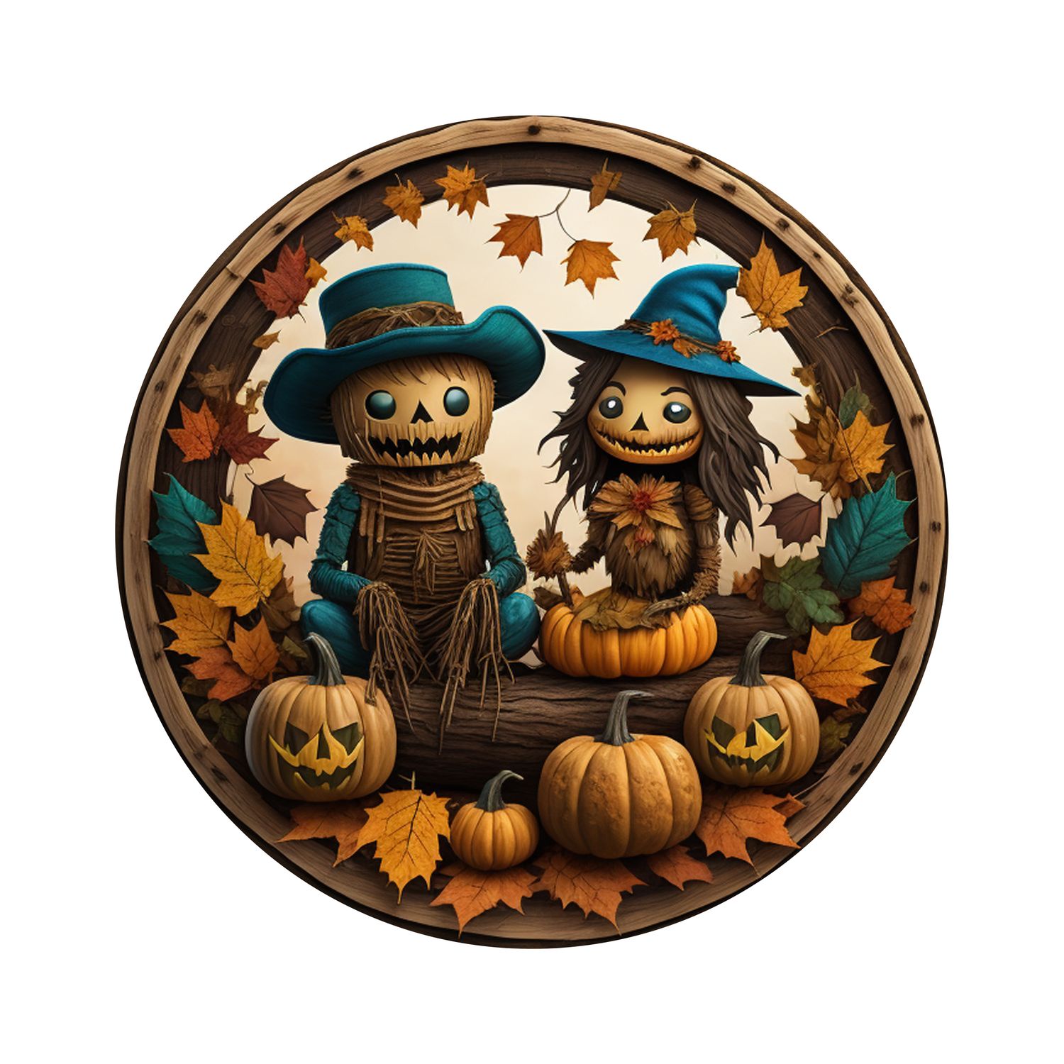 Creepy Scarecrow couple Halloween Round Metal Sign