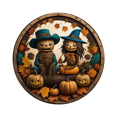 Creepy Scarecrow couple Halloween Round Metal Sign