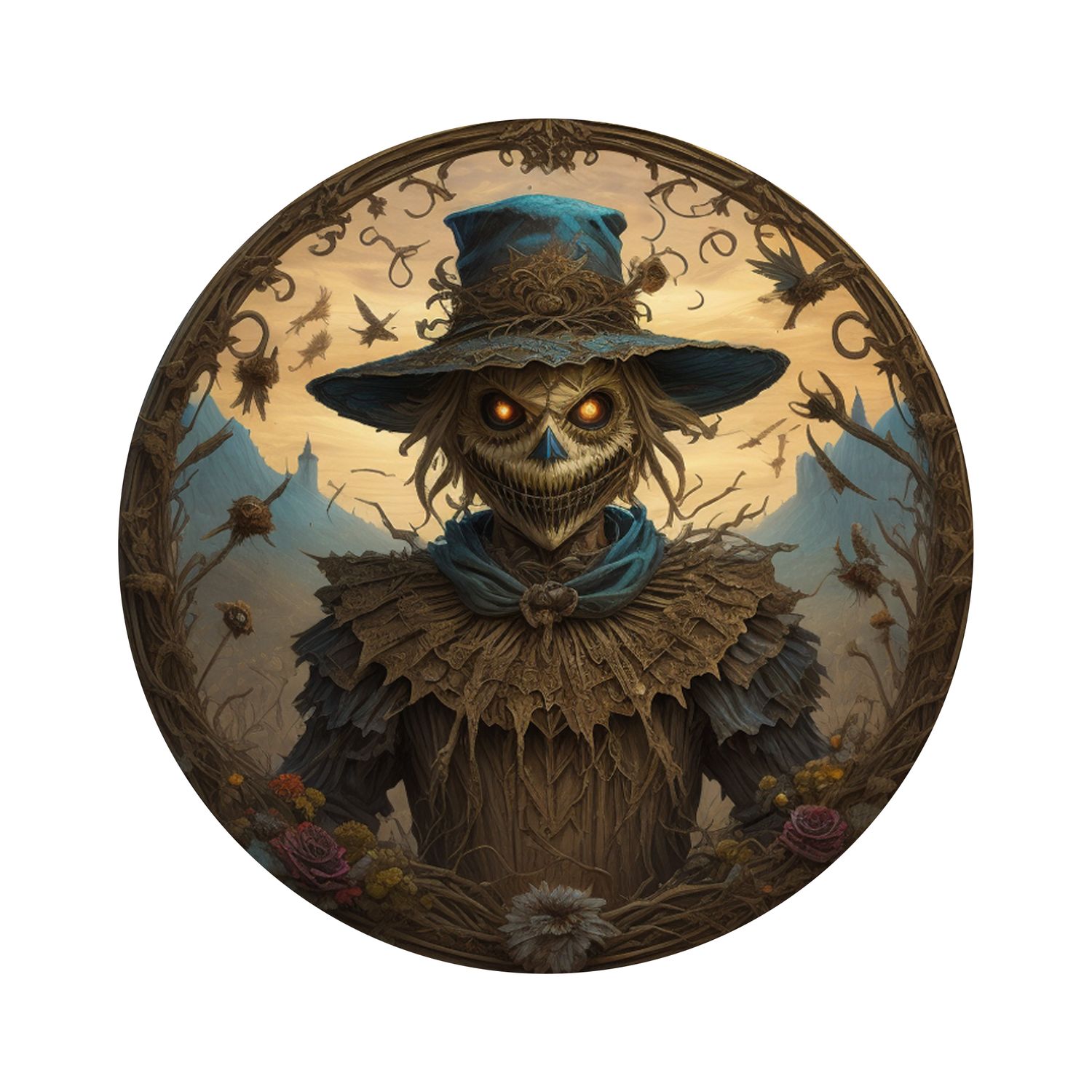 Creepy Scarecrow Halloween Round Metal Sign