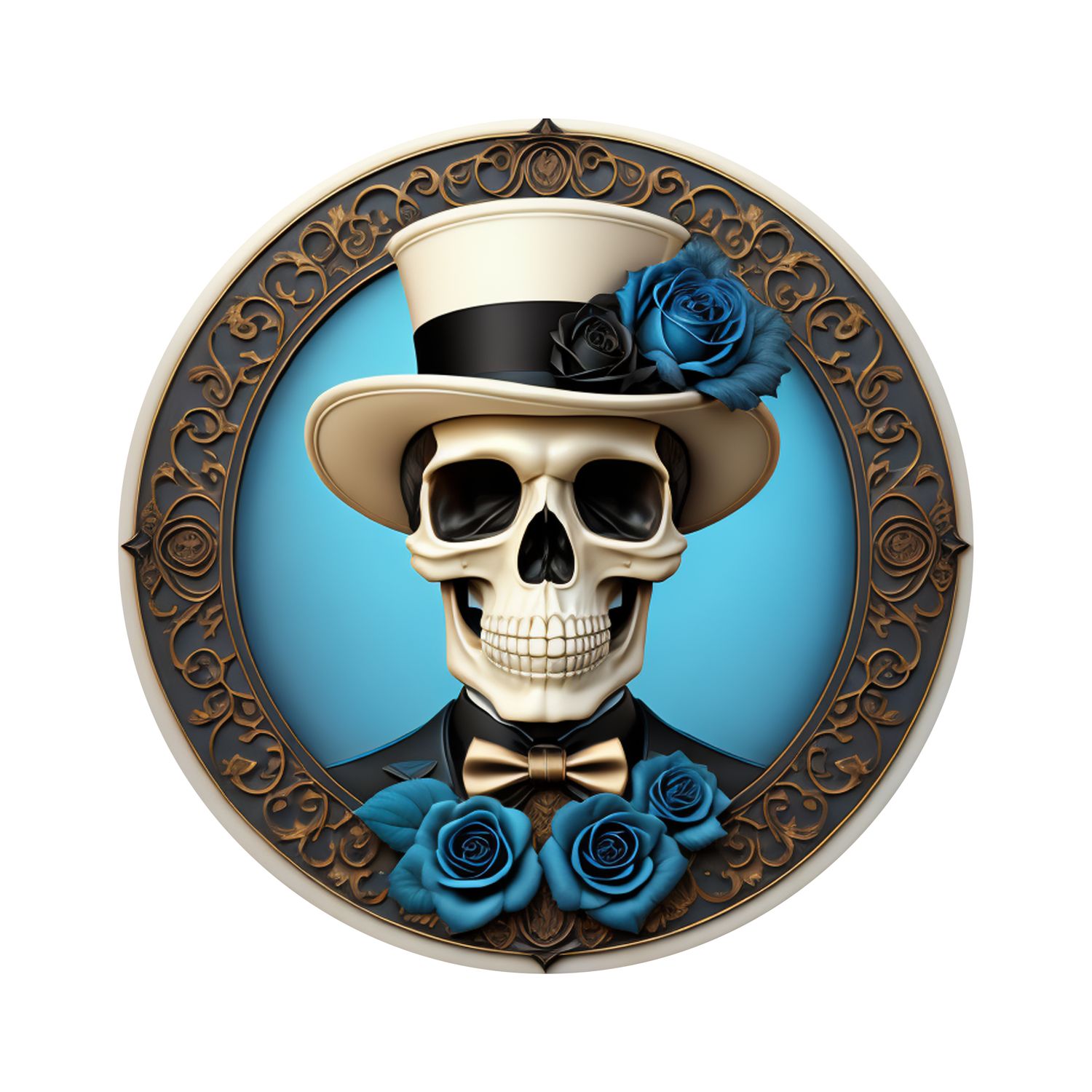 Fancy Skeleton with blue roses Halloween Round Metal Sign
