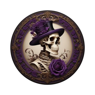 Fancy Skeleton with purple roses Halloween Round Metal Sign
