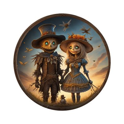 Creepy Scarecrow couple Halloween Round Metal Sign