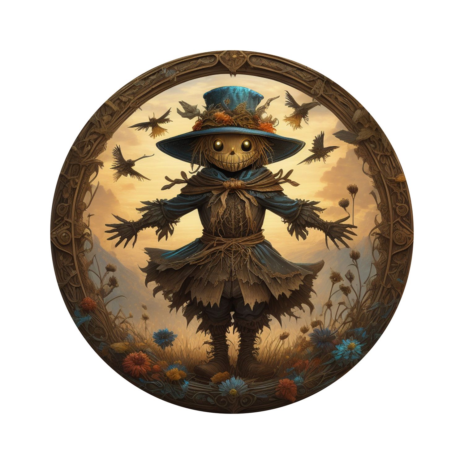 Creepy Scarecrow Halloween Round Metal Sign