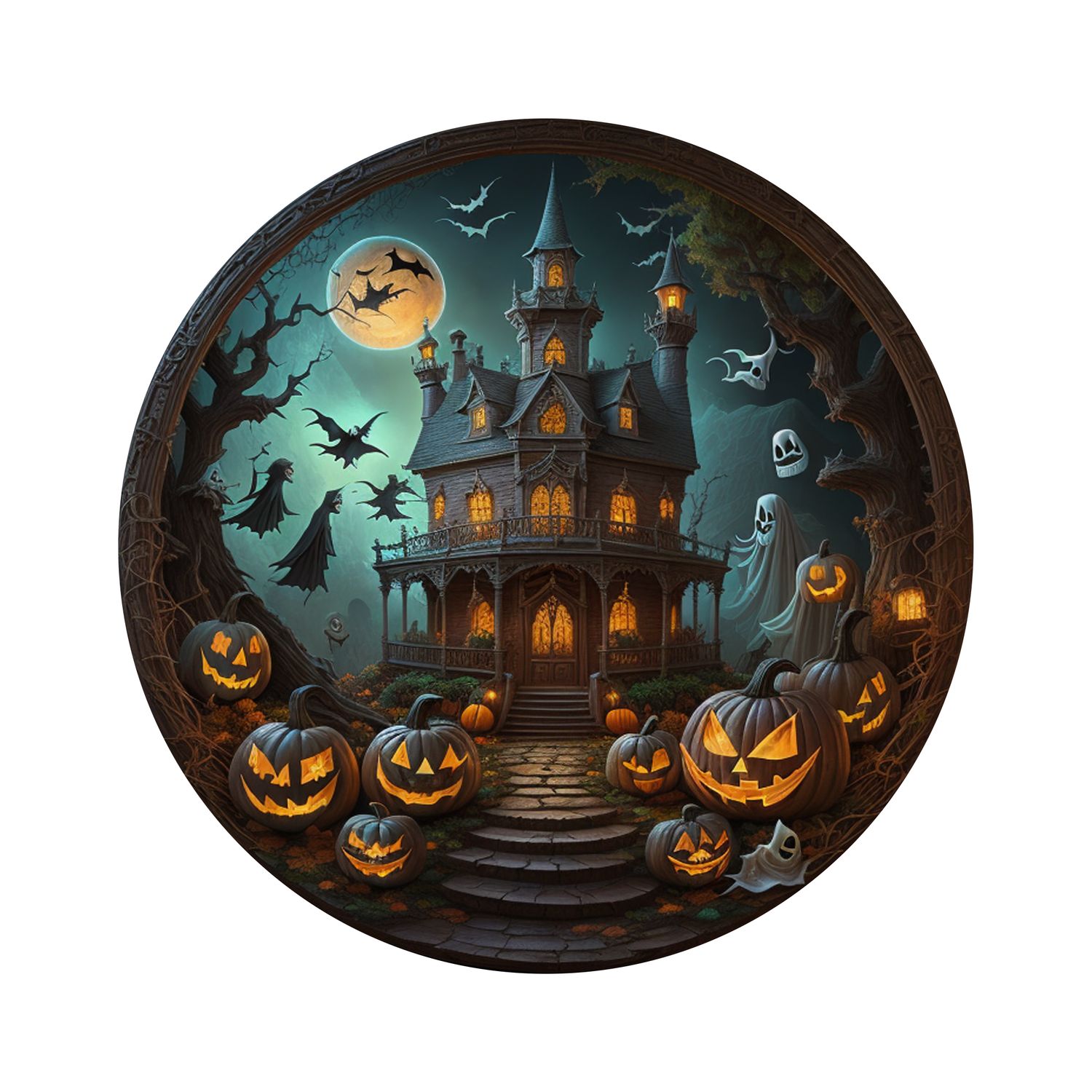 Spooky Haunted Mansion Halloween Round Metal Sign